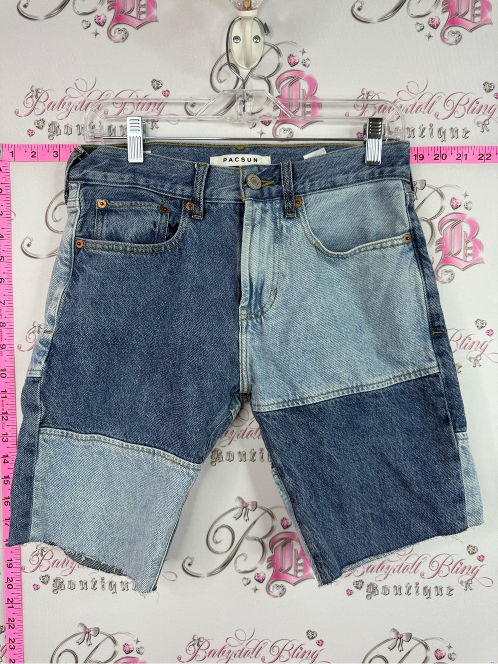 PACSUN slim taper Two-Tone Patchwork Denim Shorts - Blue